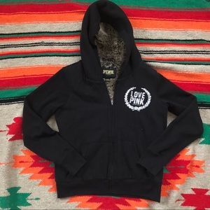 PINK/ Victoria’s Secret black fuzzy zip-up hoodie
